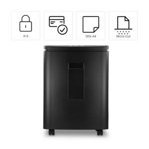 Black cylindrical paper shredder with handle and caster wheels, displaying security features including P-5 encryption, verified approval, 120x A4 capacity, and micro-cut technology icons above the product