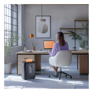 Woman in purple shirt sitting at wooden desk with laptop in modern minimalist home office, with white office chair, potted plants, shelving, pendant light, and large gridded window providing natural light
