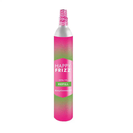 Happy Frizz CO2 refill cylinder 425g with pink and green gradient design and silver metal top, EasyConnect quick connect valve for carbonation systems