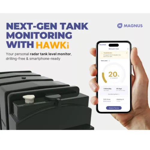 Magnus HAWKi smart oil tank monitor showing black plastic tank unit with white sensor caps on left and smartphone display on right showing 20% tank level reading with blue interface buttons