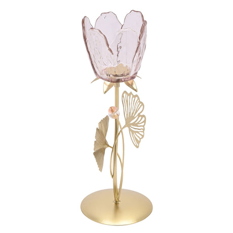 Hestia single stem candle holder featuring blush pink glass tulip-shaped cup with decorative brass ginkgo leaf stem on gold circular base
