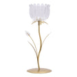 Hestia single stem candle holder featuring a clear glass tulip-shaped bloom with decorative beading on a brushed gold metal stem and circular base with leaf accents