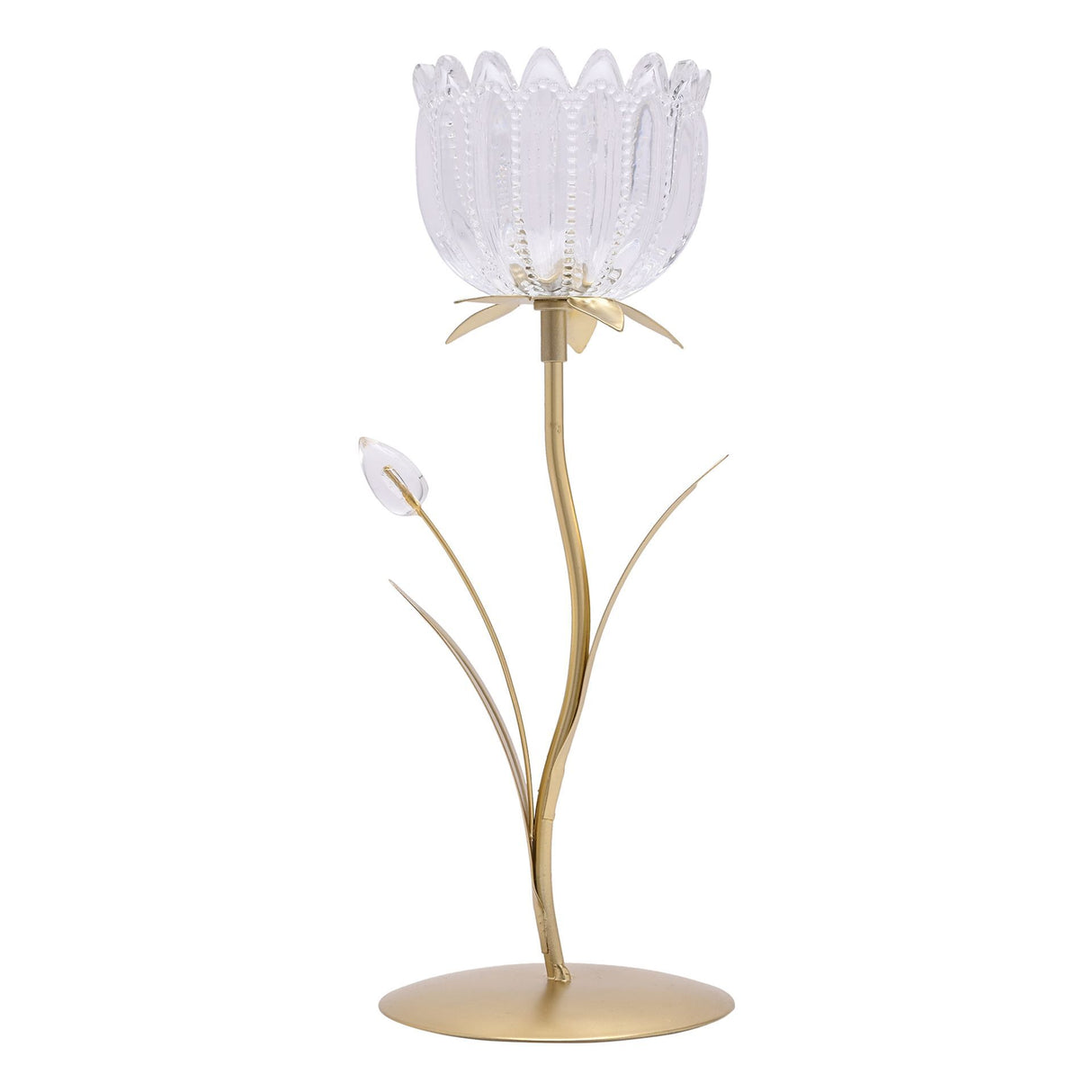 Hestia single stem candle holder featuring a clear glass tulip-shaped bloom with decorative beading on a brushed gold metal stem and circular base with leaf accents