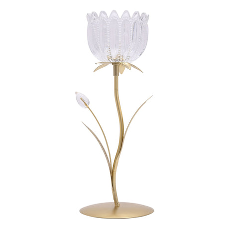 Hestia single stem candle holder featuring a clear glass tulip-shaped bloom with decorative beading on a brushed gold metal stem and circular base with leaf accents