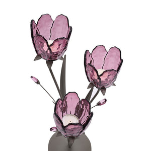 Hestia 3 stem candle holder featuring plum-colored glass tulip-shaped blooms with textured petals on a taupe metal base, modern decorative lighting accessory