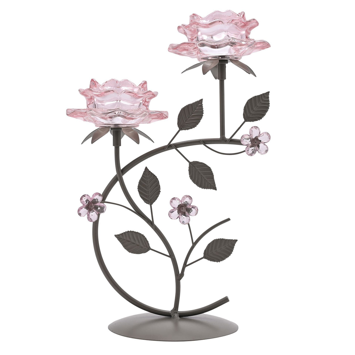 Hestia Pink Glass Rose 2 Stem Candle Holder on a Taupe Base | HE2535