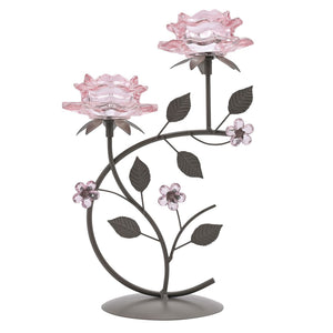 Hestia Pink Glass Rose 2 Stem Candle Holder on a Taupe Base | HE2535