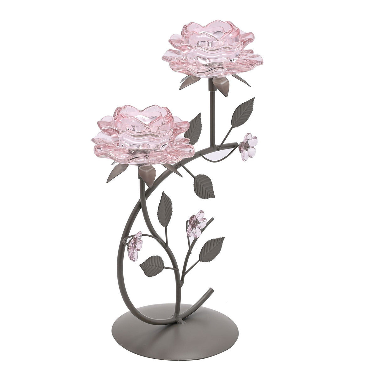 Hestia Pink Glass Rose 2 Stem Candle Holder on a Taupe Base | HE2535