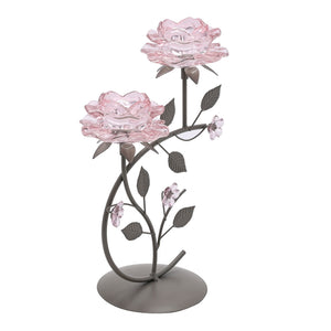 Hestia Pink Glass Rose 2 Stem Candle Holder on a Taupe Base | HE2535