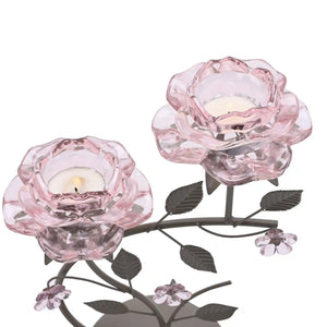Hestia Pink Glass Rose 2 Stem Candle Holder on a Taupe Base | HE2535
