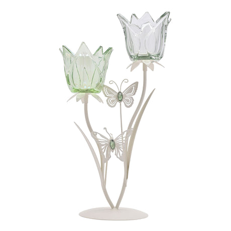 Decorative candle holder with glass cups and metal butterfly designs on a white background
