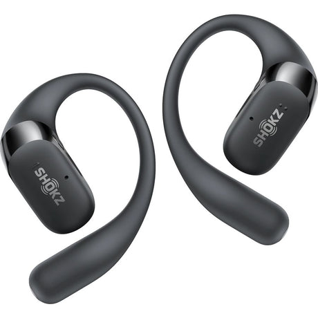 Shokz OpenFit 2+ open ear wireless earbuds in black with curved ear loops and small dark charging cases displayed against white background