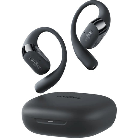 Shokz OpenFit 2+ black open-ear wireless earbuds with charging case, showing two earpieces with flexible ear loops and oval-shaped matte black charging case