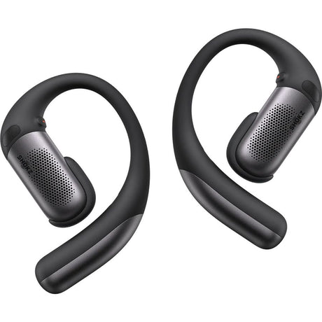 Shokz OpenFit Pro black open-ear wireless Bluetooth earbuds with gray mesh speaker grilles and flexible ear loops displayed as a pair against white background