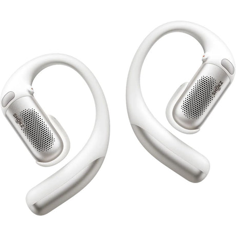 Shokz OpenFit Pro white open ear wireless Bluetooth earbuds with ear hook design and perforated speaker grilles shown as a pair