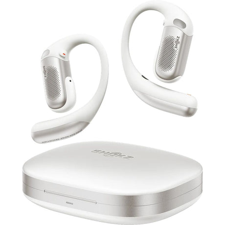 Shokz OpenFit Pro white open-ear wireless Bluetooth earbuds with charging case, featuring perforated speaker grilles and ear-loop design