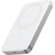 Anker MagGo Slim Wireless Power Bank 10000mAh in white with magnetic charging coil on front face and silver aluminum side trim showing USB port and status indicator light