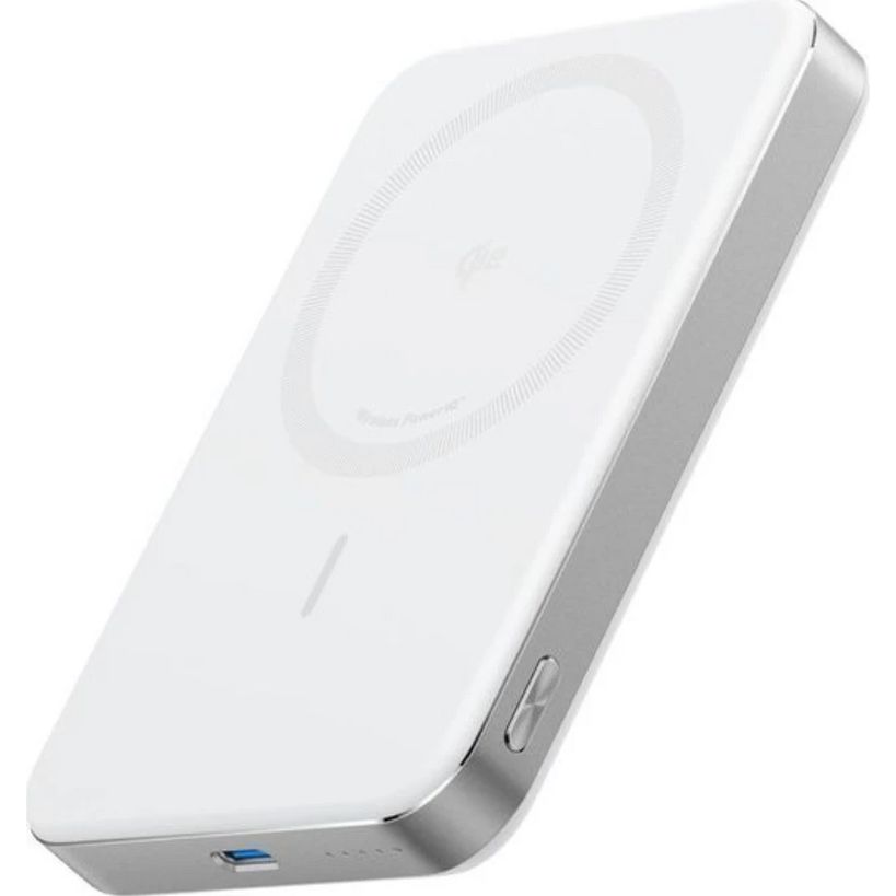 Anker MagGo Slim Wireless Power Bank 10000mAh in white with magnetic charging coil on front face and silver aluminum side trim showing USB port and status indicator light