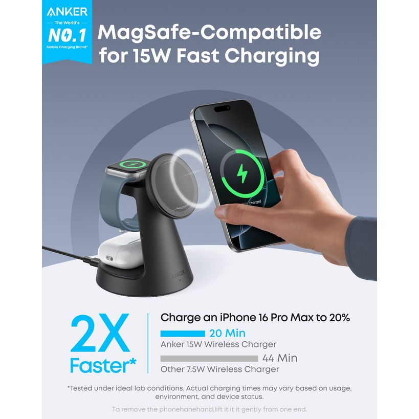 Anker MagSafe-compatible wireless charging station with black base and white top charging pad, displaying iPhone 16 Pro Max charging with green lightning bolt indicator, showing 2X faster charging comparison - 20 minutes versus 44 minutes, with smartwatch and earbuds charging slots visible