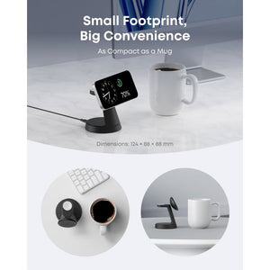Anker MagGo 3-in-1 wireless charging dock in black and white displaying compact design with smartwatch on stand showing time and 70% battery, white coffee mug, and keyboard on marble desk surface with dimensions 124 x 88 x 88mm