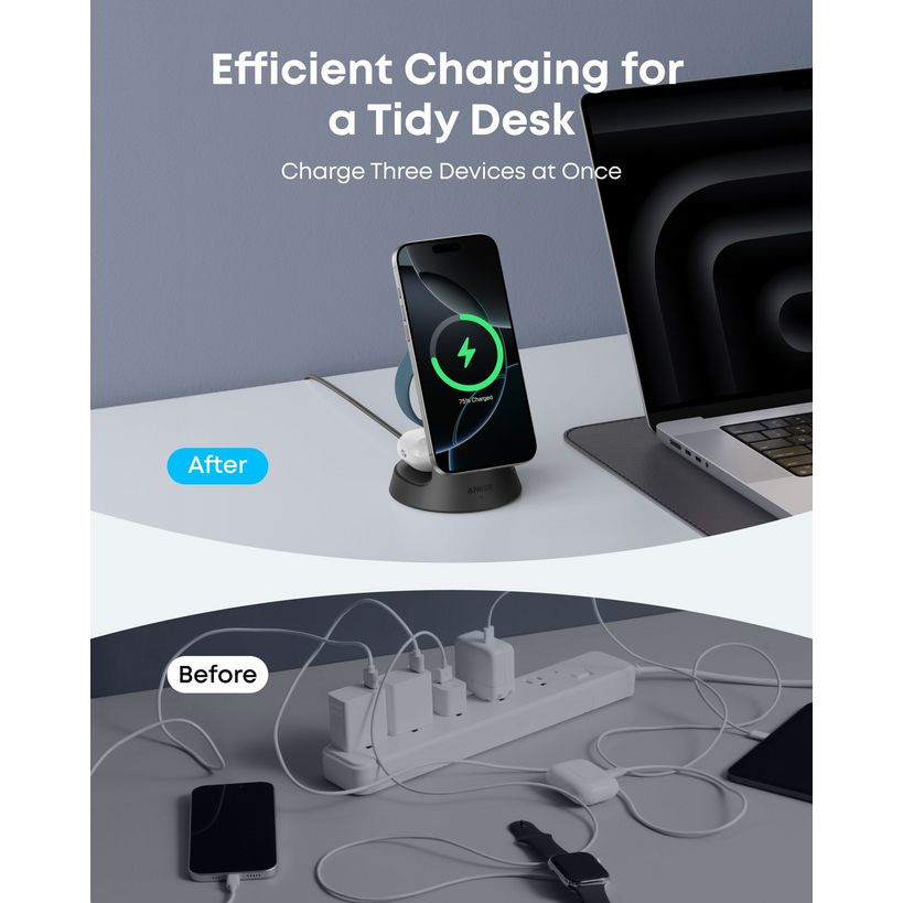 Anker MagGo 3-in-1 wireless charging dock in black and white showing before and after comparison, with smartphone displaying green charging icon on stand, laptop and smartwatch in background, demonstrating efficient desk cable management on gray surface