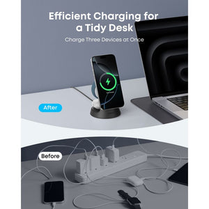 Anker MagGo 3-in-1 wireless charging dock in black and white showing before and after comparison, with smartphone displaying green charging icon on stand, laptop and smartwatch in background, demonstrating efficient desk cable management on gray surface