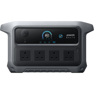 Anker SOLIX C2000 Gen 2 portable power station with 2048Wh capacity, featuring gray and black rugged casing, digital display showing 80% battery level, four AC outlets, USB ports, car socket, and illuminated control panel with blue accents