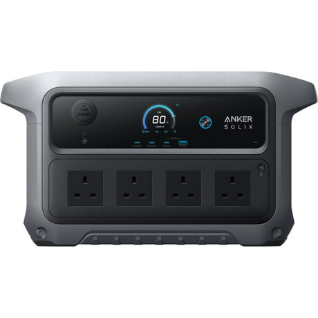 Anker SOLIX C2000 Gen 2 portable power station with 2048Wh capacity, featuring gray and black rugged casing, digital display showing 80% battery level, four AC outlets, USB ports, car socket, and illuminated control panel with blue accents