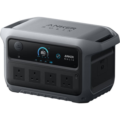 Anker SOLIX C2000 Gen 2 portable power station with gray top panel and black front face featuring digital display showing 80% battery level, four AC power outlets, and multiple control buttons