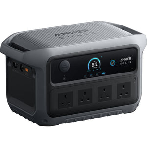 Anker SOLIX C2000 Gen 2 portable power station with gray and black design, featuring digital display showing 80% battery level, four AC outlets, control buttons, and top carrying handle on white background