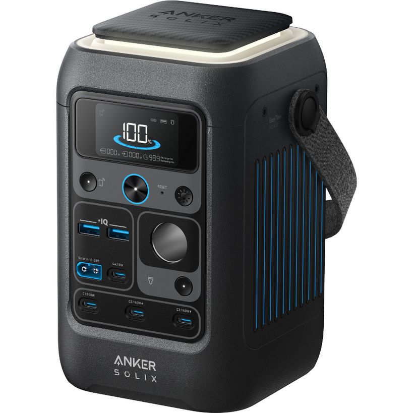 Anker Solix C300X portable power station with black fabric exterior, digital display showing 100W output, multiple USB ports, control dial, and carrying handle on white background