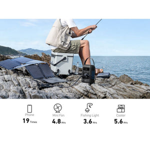 Man fishing on rocky coastal outcrop using Anker Solix C300X portable power station with solar panel, demonstrating battery runtime for phone, mini fan, fishing light and cooler