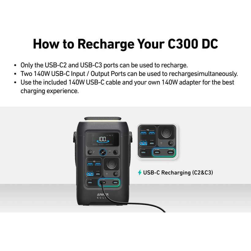 Anker Solix C300 DC portable power station with dual USB-C charging ports displayed in black with blue accent buttons, showing recharging instructions and cable connection details