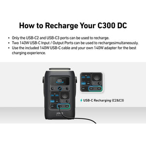 Anker Solix C300 DC portable power station with dual USB-C charging ports displayed in black with blue accent buttons, showing recharging instructions and cable connection details