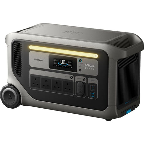 Anker Solix F3000 portable power station with 3000Wh capacity featuring gray and black casing, illuminated top panel, digital display showing 100W output, four AC outlets, control buttons, and wheeled base for mobility