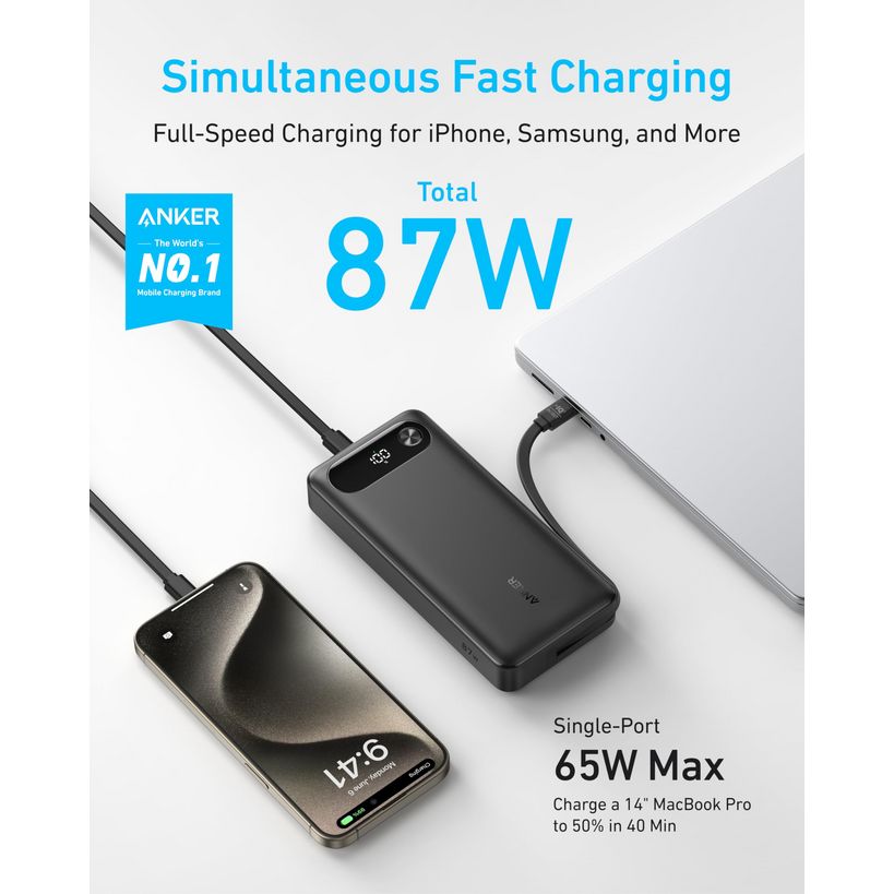 Anker Two Port 20,000mAh Powerbank 87W Builtin 2 x USB C (Suits Laptops) - Black | A1118H11