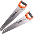 Bahco PrizeCut 550mm hardpoint handsaws twin pack with orange handles and black grips, featuring gray steel blades and tooth pattern detail on white background