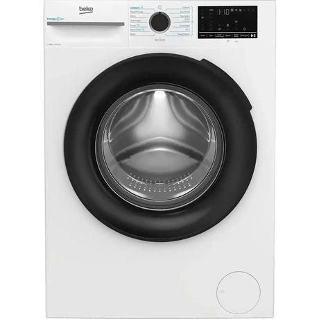 Beko white front-load washing machine with 12kg capacity and 1400 spin speed, featuring black rubber door seal and digital display control panel