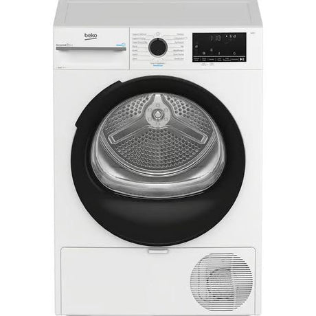 Beko 12kg white heat pump sensor tumble dryer with black drum door, digital display panel and moisture sensor technology