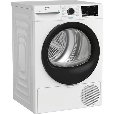 Beko 12kg white heat pump tumble dryer with black door and digital display showing front-loading design