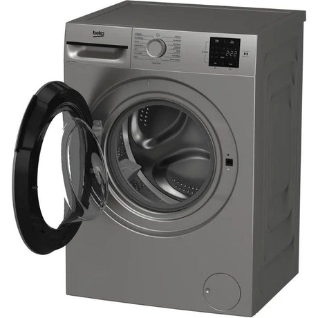 Beko 7kg 1200 spin washing machine in silver with open black door showing internal drum, control panel with dial and digital display on top, front-loading design