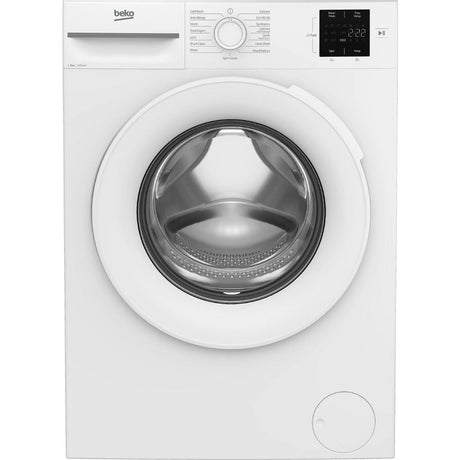 Beko 8kg 1200 spin white freestanding washing machine with digital display and control panel showing various wash cycles and settings