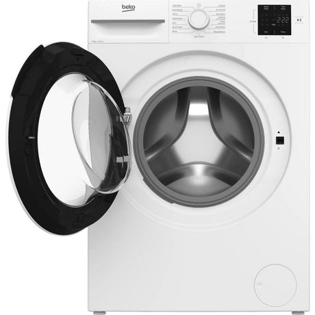 Beko BM1WT3821W white front-load washing machine with door open showing stainless steel drum, black rubber seal, digital display panel, and control dial, 8kg capacity 1200 spin speed