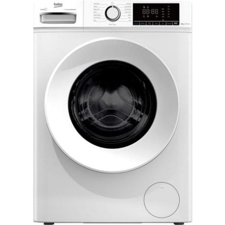 White Beko 8kg front-load washing machine with 1200 spin speed, featuring digital display control panel, black drum, and circular door handle on white exterior