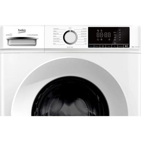 Beko BW1O3821W white front-loading washing machine with 8kg capacity, 1200 spin speed, digital display showing time, control dial and touch buttons on black panel, stainless steel drum visible through dark circular door