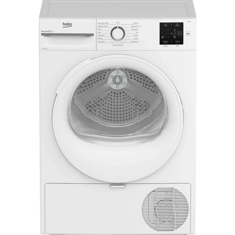 Beko 8kg white heat pump sensor dryer with digital display and control panel, front-loading design with vented outlet grille visible on lower right side