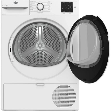 Beko 8kg white heat pump sensor dryer with open door showing stainless steel drum, control panel with digital display, and condenser unit visible at bottom