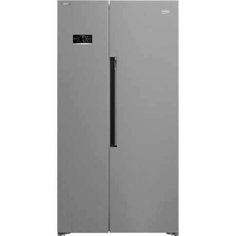 Beko side-by-side American fridge freezer with NeoFrost technology in brushed steel finish featuring digital temperature control panel and black handle