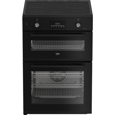Black Beko Pro AeroPerfect 60cm electric induction cooker with dual ovens, induction hob, digital display, and stainless steel racks