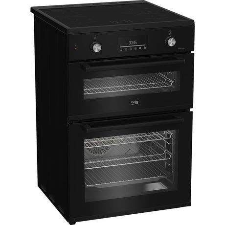 Beko Pro AeroPerfect black electric induction cooker with dual ovens, induction hob, digital display and stainless steel racks, 60cm width